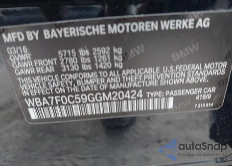 2016 BMW 750I from USA, damaged, VIN WBA7F0C59GGM20424